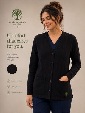 🩺 Healing Hands Black Button Front Medical Scrub Cardigan Jacket - Size Small